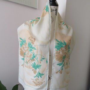 Vintage Gabrielle Paris 1970s Floral Tan & Green Scarf